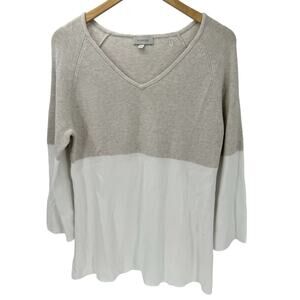 Kinross Sweater Womens Medium Cotton V-Neck Neutral Beige Cream 3/4 Sleeve Knit